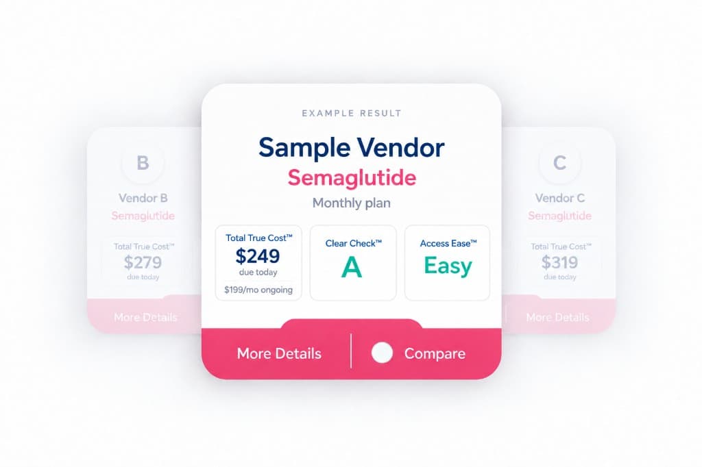 Example result for a sample vendor showing Total Cost, Clear Check, and Access Ease, with faded comparison cards behind it